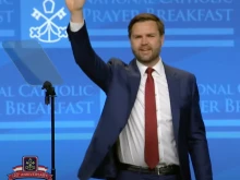 U.S. Vice President JD Vance waves to the crowd at the 2025 National Catholic Prayer Breakfast on Feb. 28, 2025, in Washington, D.C.