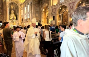 Archbishop Alexander Sample of Portland, Oregon, processes out of the Church of Our Lady of Providence after Mass during a Rise Up Encounter of World Youth Day in Lisbon, Portugal, on Aug. 4, 2023. Credit: Giulio Capece/EWTN News