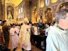 Archbishop Alexander Sample of Portland, Oregon, processes out of the Church of Our Lady of Providence after Mass during a Rise Up Encounter of World Youth Day in Lisbon, Portugal, on Aug. 4, 2023.