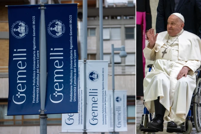 Left: Banners at Rome’s Gemelli University Hospital. Right: Pope Francis waves from a wheelchair, Feb. 13, 2025.?w=200&h=150