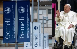 Left: Banners at Rome’s Gemelli University Hospital. Right: Pope Francis waves from a wheelchair, Feb. 13, 2025. Credit: Daniel Ibáñez/CNA