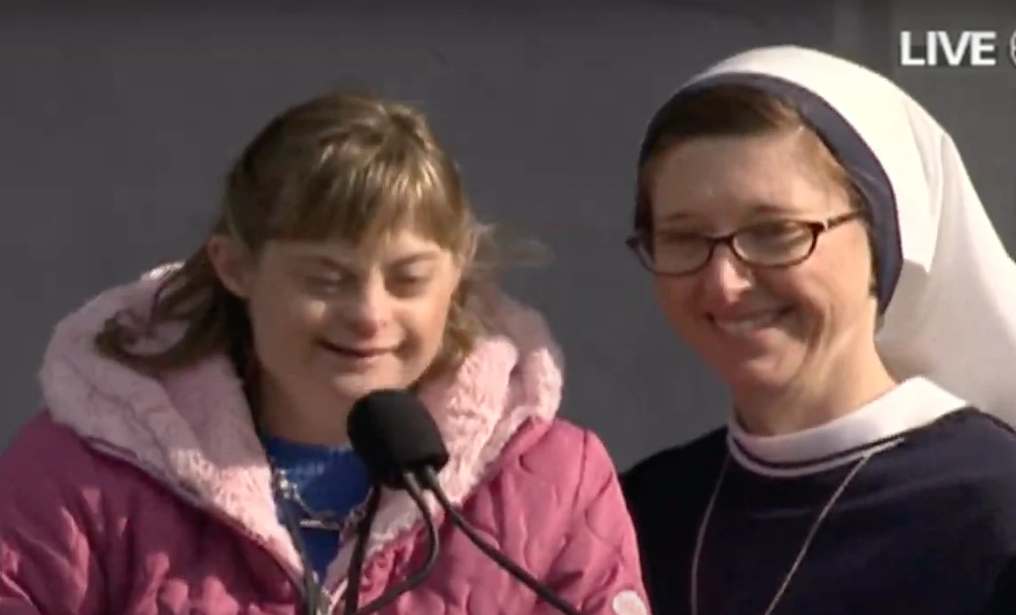 Sister Mary Casey O’Connor, SV, and her twin sister, Casey Gunning, who has Down syndrome, speak at the March for Life Rally in 2023.?w=200&h=150