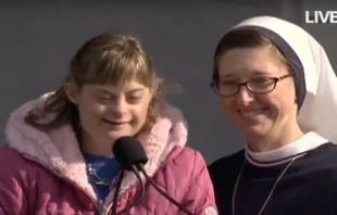 Sister Mary Casey O’Connor, SV, and her twin sister, Casey Gunning, who has Down syndrome, speak at the March for Life Rally in 2023. Credit: Screenshot EWTN YouTube