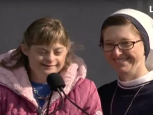 Sister Mary Casey O’Connor, SV, and her twin sister, Casey Gunning, who has Down syndrome, speak at the March for Life Rally in 2023.