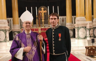 Auxiliary Bishop Nicholas Hudson with the lord mayor of Westminster, Robert Rigby, at Westminster Cathedral on Thursday, March 20, 2025. Credit: Westminster City Council
