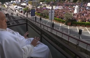 Pope Francis waves to the gathered faithful from the balcony at Gemelli Hospital in Rome on Sunday, March 23, 2025. Credit: Vatican Media/Screenshot