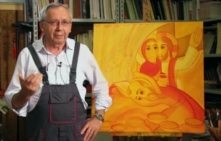 Fr. Marko Ivan Rupnik, S.J., with the official image of the 10th World Meeting of Families in Rome. Screenshot from Diocesi di Roma YouTube channel.