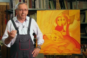 Fr. Marko Ivan Rupnik, S.J., with the official image of the 10th World Meeting of Families in Rome.