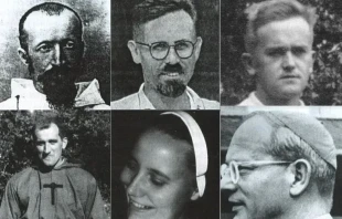 German martyrs who gave their lives in the service of the Gospel in Africa. Clockwise from top left to bottom right: Bishop Cassian (Franz Anton) Spiess, Father Karl Maria Weber, Brother Bernhard Ignatius Sarnes, Bishop Adolph Schmitt, Sister Magdala (Christa Elisabeth) Lewandowski, and Brother Heinz vom Kreuz (Heinz) Eberlein Credit: ACI Africa/Martyrology of the German Bishops’ Conference