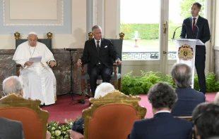 Pope Francis and King Philippe listen to a speech by Belgium Prime Minister Alexander De Croo during the pope's trip to Belgium in late September 2024. Credit: Vatican Media